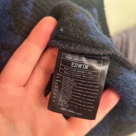 Edwin Men's Blue and Black Knit Wool Blend Sweater - Picture 3 of 6